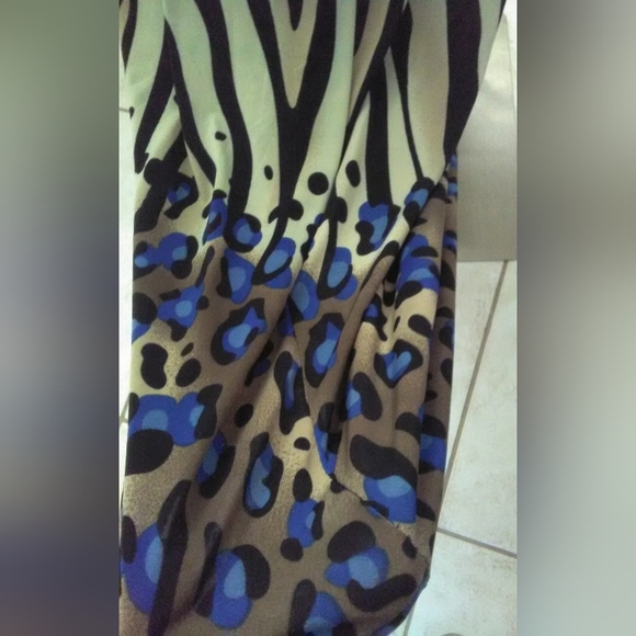 VINTAGE MAXI DRESS CINCH WAIST ANIMAL PRINT (TAN BLUE BLACK) PTP 19 TONS STRETCH - Picture 9 of 10